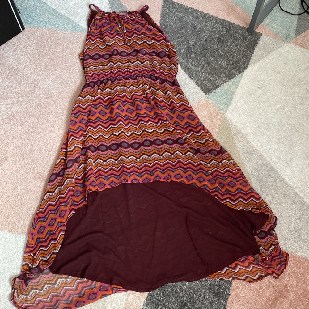 Bar III Women's High Low Hemline Maxi Dress Size Large Burnt Orange Print Sheer